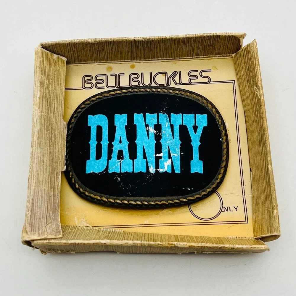 Vintage Danny Name Belt Buckle Blue‎ Western Font Black Oval Rope Border Boxed
